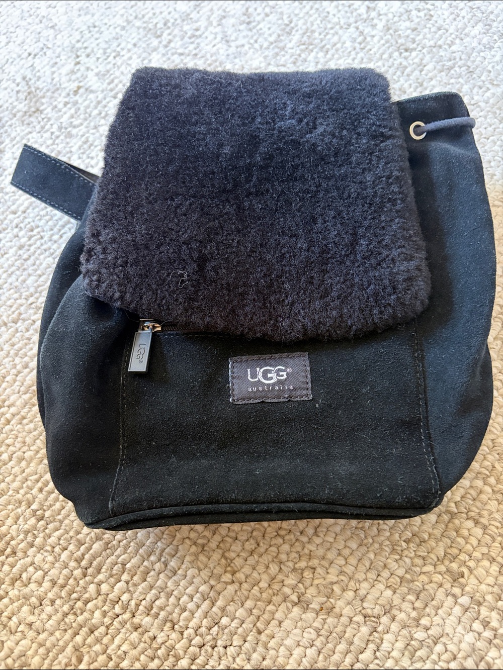 UGG Black Suede Backpack with Black Shearling Flap